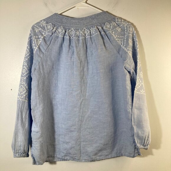 Womens Joie Boho Embroidered Linen Tunic Light Blue XS V Tie Neck Long Sleeve - Picture 2 of 10
